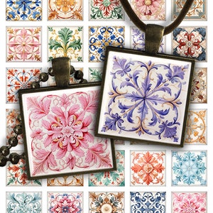 May include: A set of 16 digital collage sheets featuring intricate floral designs in various colors, including pink, blue, green, and orange. The designs are inspired by traditional tile patterns and are perfect for crafting projects.