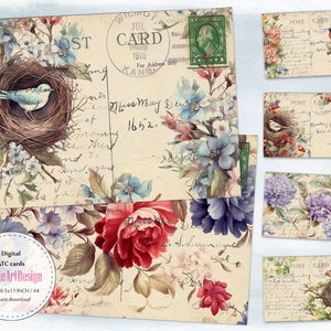Wunderliche Flügel und Blumenfreuden: Retro Vögel mit Blumen Digitale ATC-Karten, C289