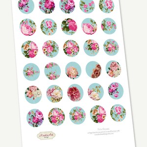 May include: Printable sheet of 36 pink rose floral designs on a light blue background. Each design is a circle with a different floral arrangement. The sheet is titled "Pink Roses" and includes the text "collage sheet for use personal or small business only" and a website address.