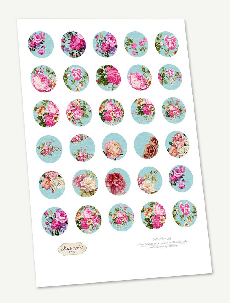 May include: Printable sheet of 36 pink rose floral designs on a light blue background. Each design is a circle with a different floral arrangement. The sheet is titled "Pink Roses" and includes the text "collage sheet for use personal or small business only" and a website address.