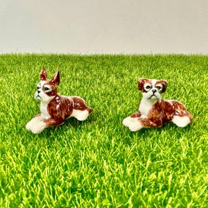 One Pair Handmade Cute Ceramic Boxer Puppy Figurines, Miniatures