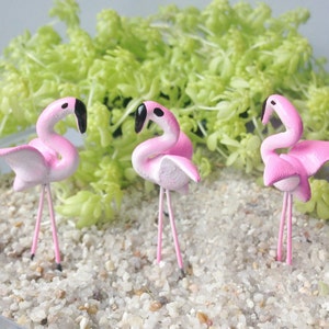 3 pcs Mini Pink Flamingo Figurines on Stem, Spreading Wings, Terrarium, Fairy Garden, Art Project, Clay Figurines
