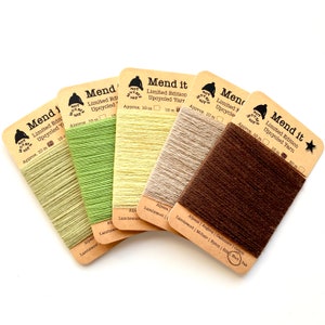Wool mending yarn, Quintet, green brown, re-made, upcycled, hand dyed, assorted fibres, visible mending, slow stitching, zero waste, eco