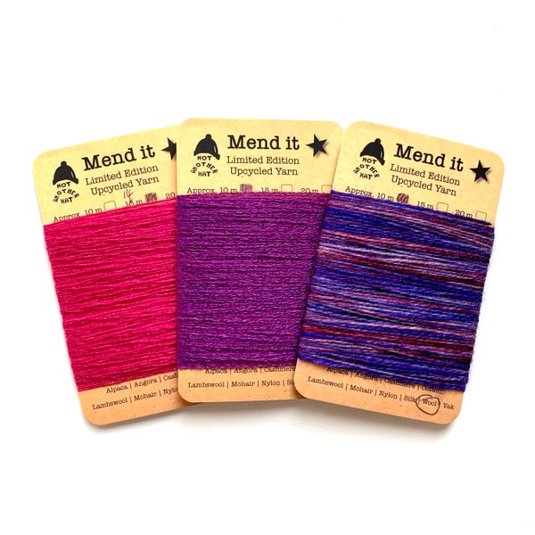 Wool mending yarn, Trio, pink purple, re-made, upcycled/ hand dyed, assorted fibres, visible mending, repurposed clothing, zero waste