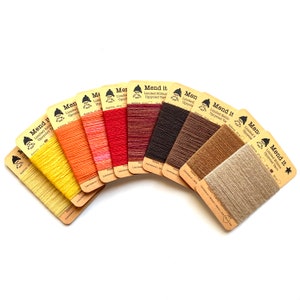 Wool mending yarn, 10 warm colours, re-made, upcycled, hand dyed, assorted colours & fibres, warm tones, visible mending, repurposed