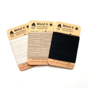 Fil de réparation de laine, Trio, neutre, refait, recyclé, teint à la main, fibres assorties, réparation visible, vêtements réutilisés, zéro déchet, éco