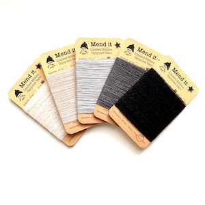 Fil de réparation de laine, Quintette, neutre, refait, recyclé, teint à la main, fibres assorties, réparation visible, vêtements réutilisés, zéro déchet, éco