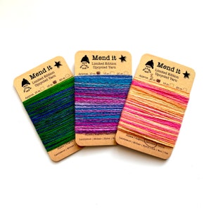 Wool mending yarn, Trio, completely crazy colours, re-made, hand dyed, assorted fibres, visible mending, repurposed clothing, zero waste