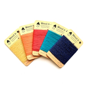 Fil de réparation de laine, Quintette, primaire, refait, recyclé, teint à la main, fibres assorties, réparation visible, vêtements réutilisés, zéro déchet, éco