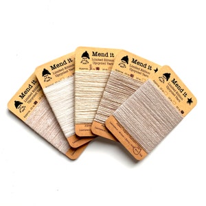 Fil de réparation de laine, Quintette, beige, refait, recyclé, teint à la main, fibres assorties, réparation visible, vêtements réutilisés, zéro déchet, éco