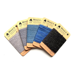 Fil de réparation de laine, Quintette, gris et bleu, refait, recyclé, teint à la main, fibres assorties, réparation visible, vêtements réutilisés, zéro déchet