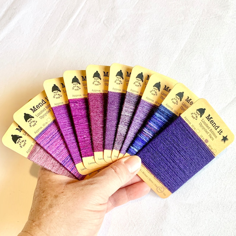 visible mending 10 purple repurposed zero waste Mending yarn hand dyed upcycled re-made the ultimate purple set assorted fibres