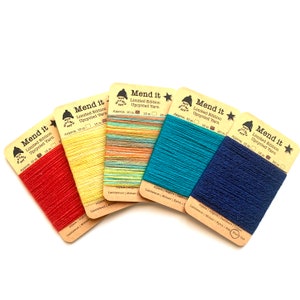 Fil de réparation de laine, Quintette, torsion primaire, refait, recyclé, teint à la main, fibres assorties, réparation visible, vêtements réutilisés, zéro déchet