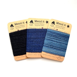 Fil de réparation de laine, Trio, bleu foncé, refait, recyclé, teint à la main, fibres assorties, réparation visible, vêtements réutilisés, zéro déchet, éco