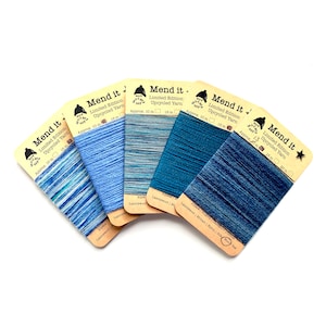 Fil de réparation de laine, Quintette, bleu moyen, refait, recyclé, teint à la main, fibres assorties, réparation visible, vêtements réutilisés, zéro déchet, éco