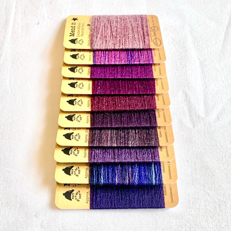 visible mending 10 purple repurposed zero waste Mending yarn hand dyed upcycled re-made the ultimate purple set assorted fibres