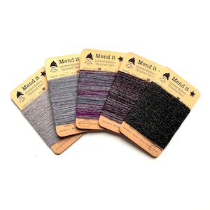 Fil de réparation de laine, Quintette, gris et violet, refait, recyclé, teint à la main, fibres assorties, réparation visible, réutilisé, zéro déchet