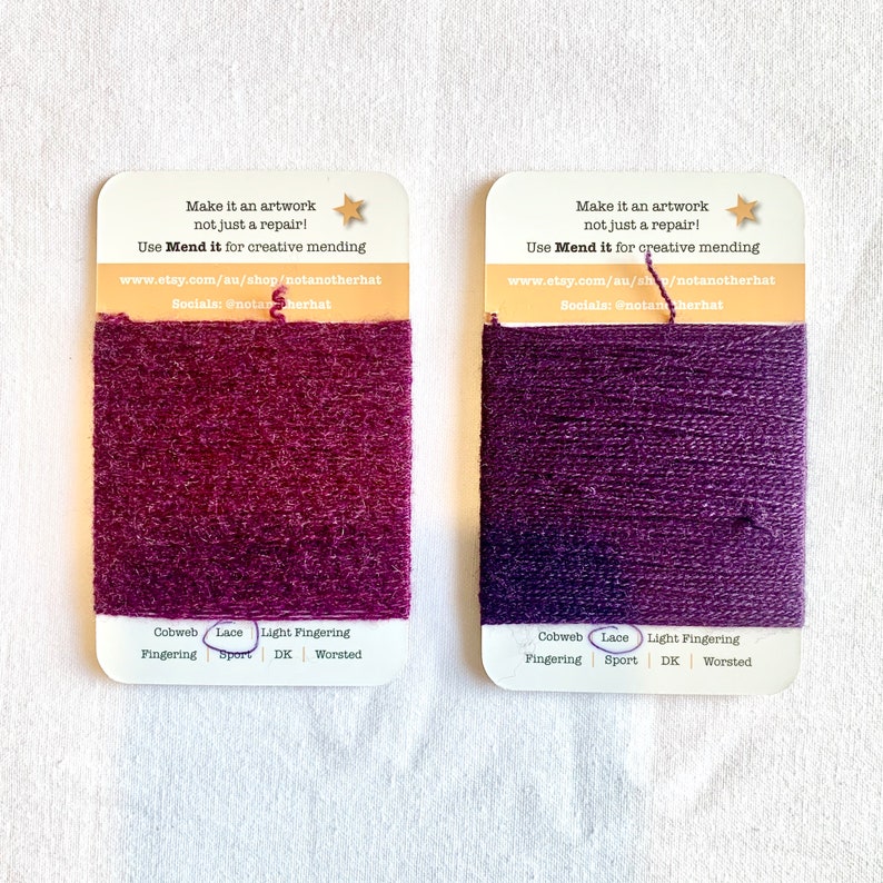 visible mending 10 purple repurposed zero waste Mending yarn hand dyed upcycled re-made the ultimate purple set assorted fibres