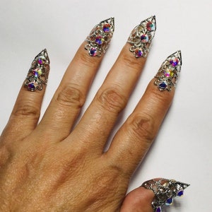 Crystal mini claw rings,nail guards,nail rings,nail covers,metal nails,finger tips,silver filigree metal claws,adjustable,10 pcs.
