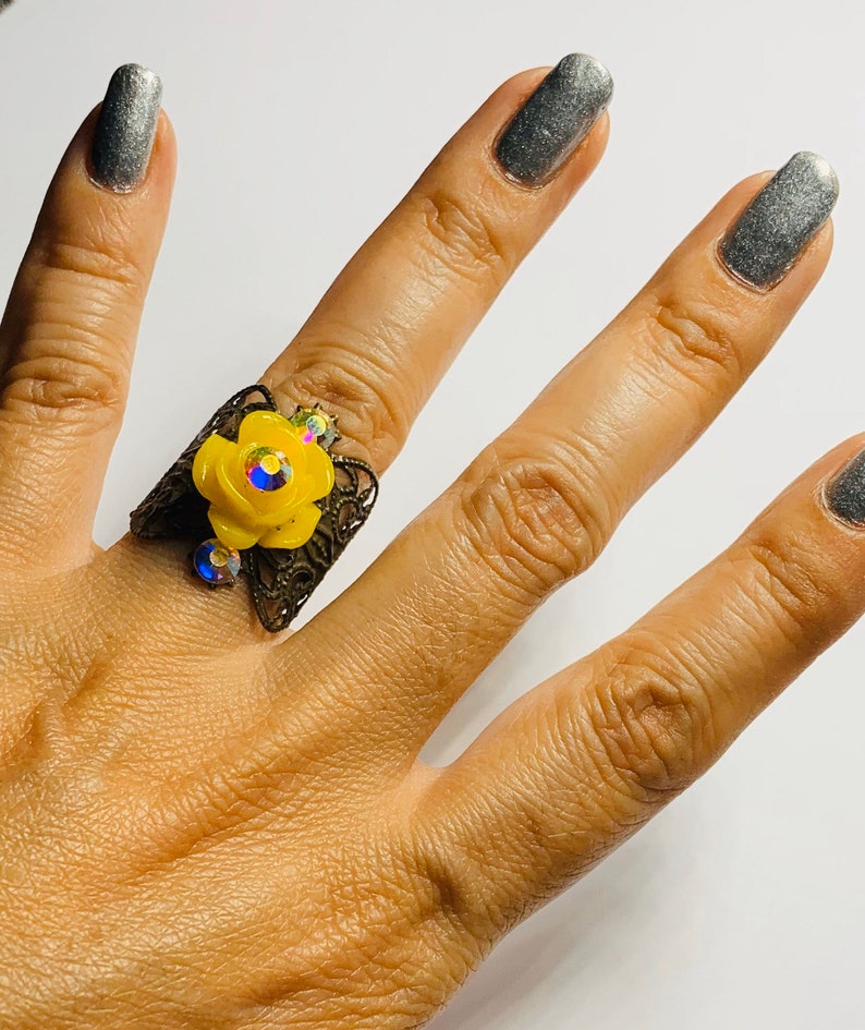 Flower crystal ring,crystal ring,easter rings,summer rings,easter,filigree rings,flower rings,knuckle rings,brass filigree,adjustable rings