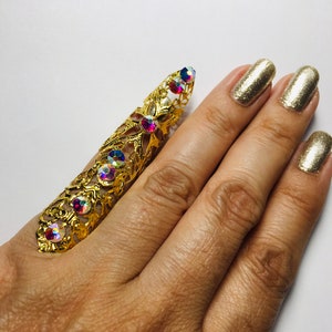 Pinky crystal ring,small shield ring,claw ring,pinky claw ring,pinky ring,full finger ring,golden ring,filigree,clear ab crystal,sizable.