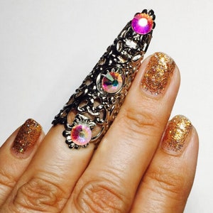 Lace claw ring,nail tip,nail ring,metal finger cover,finger tip,nail guard,claw,claw ring,metal nail tip,silver filigree,ab crystals.