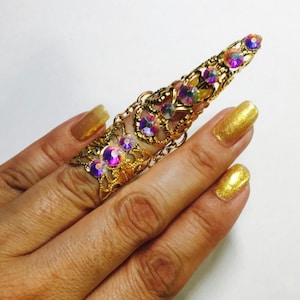 Crystal claw ring,Crystal nail ring,nail guard,claw ring,metal nail guard,metal nail cover,finger cover,gold,ab crystals.