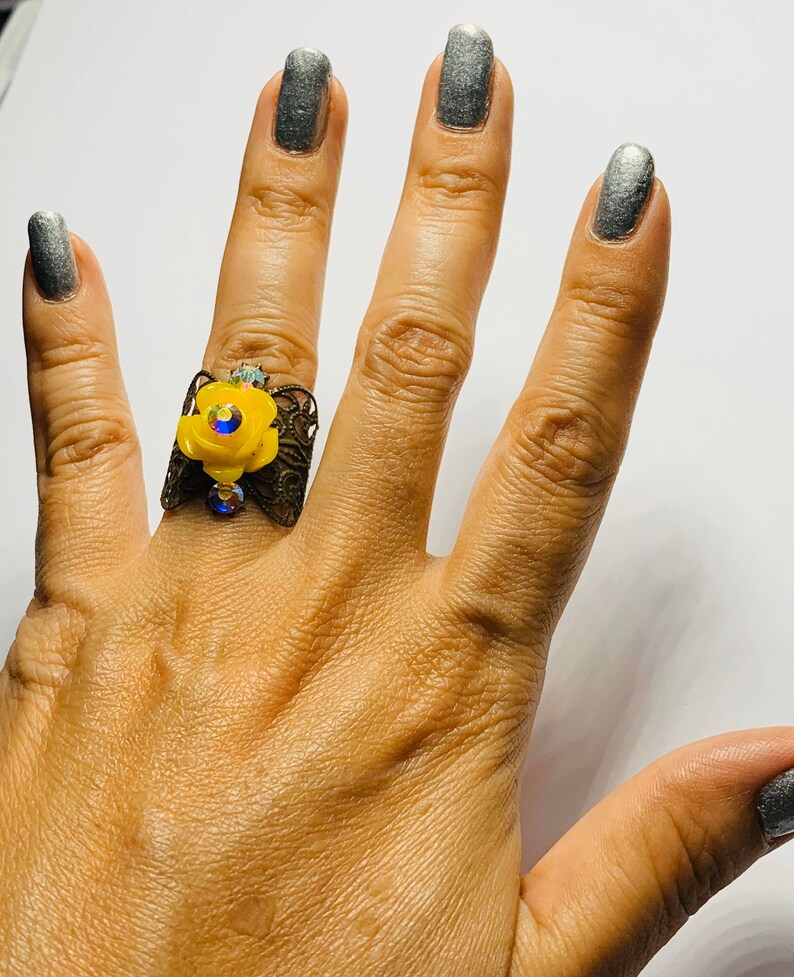 Flower crystal ring,crystal ring,easter rings,summer rings,easter,filigree rings,flower rings,knuckle rings,brass filigree,adjustable rings