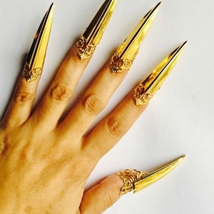 Steel claws,golden claw rings,Metal nail Guards,claw rings,nail guards,metal nails,nail tips,finger tips,golden nails,adjustable, 10 Pcs.