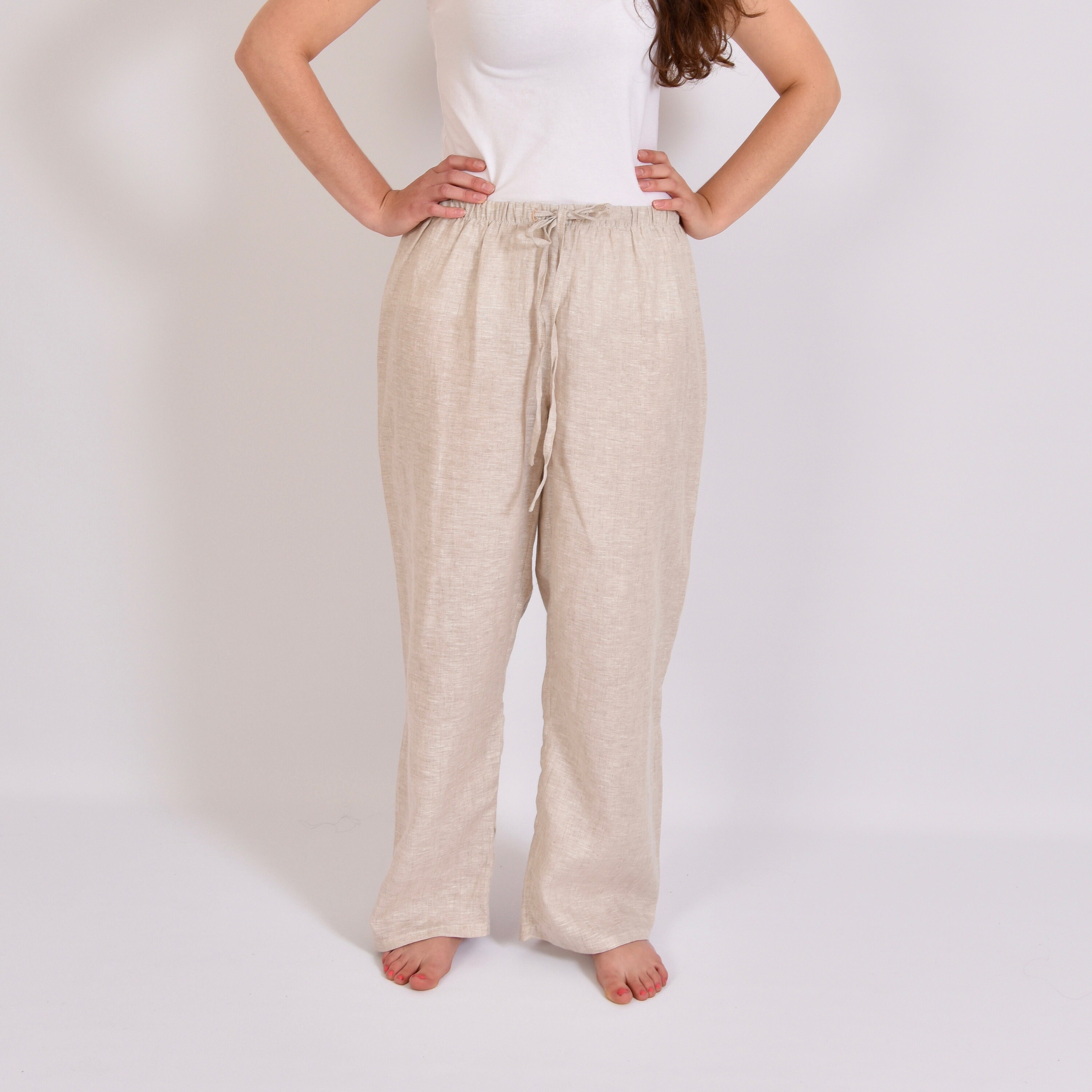 Cream linen pants with elasticated waist and drawstring. High Etsy