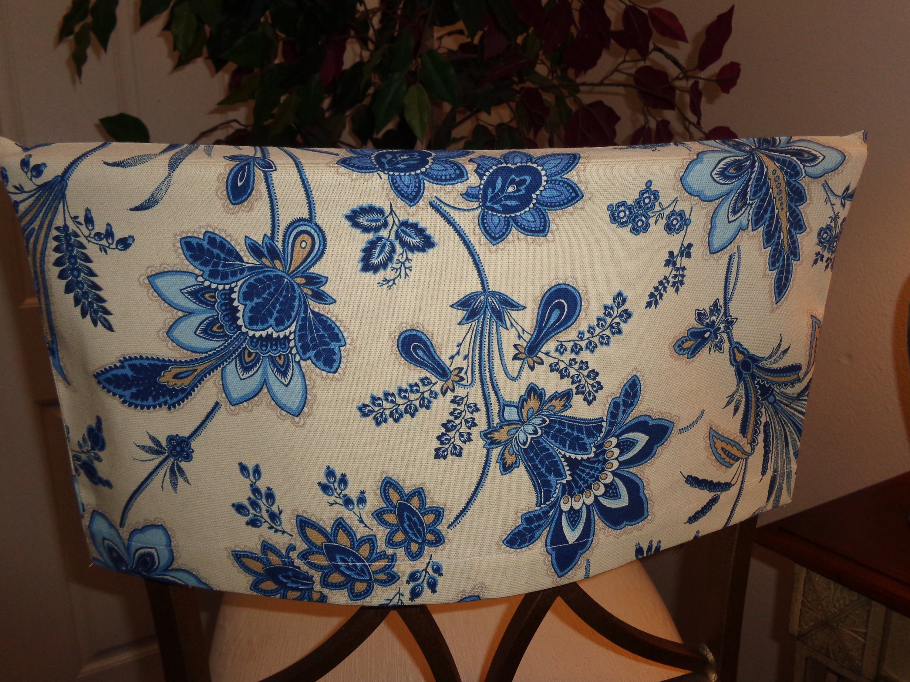 Half Chair Back Cover Navy and Cream Flowered Cotton Fabric Etsy