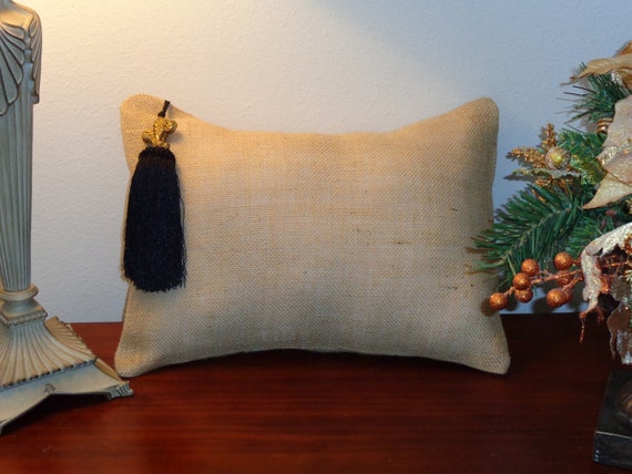 Burlap Pillow W Fleur De Lis Black And Gold Tassel 12 X Etsy