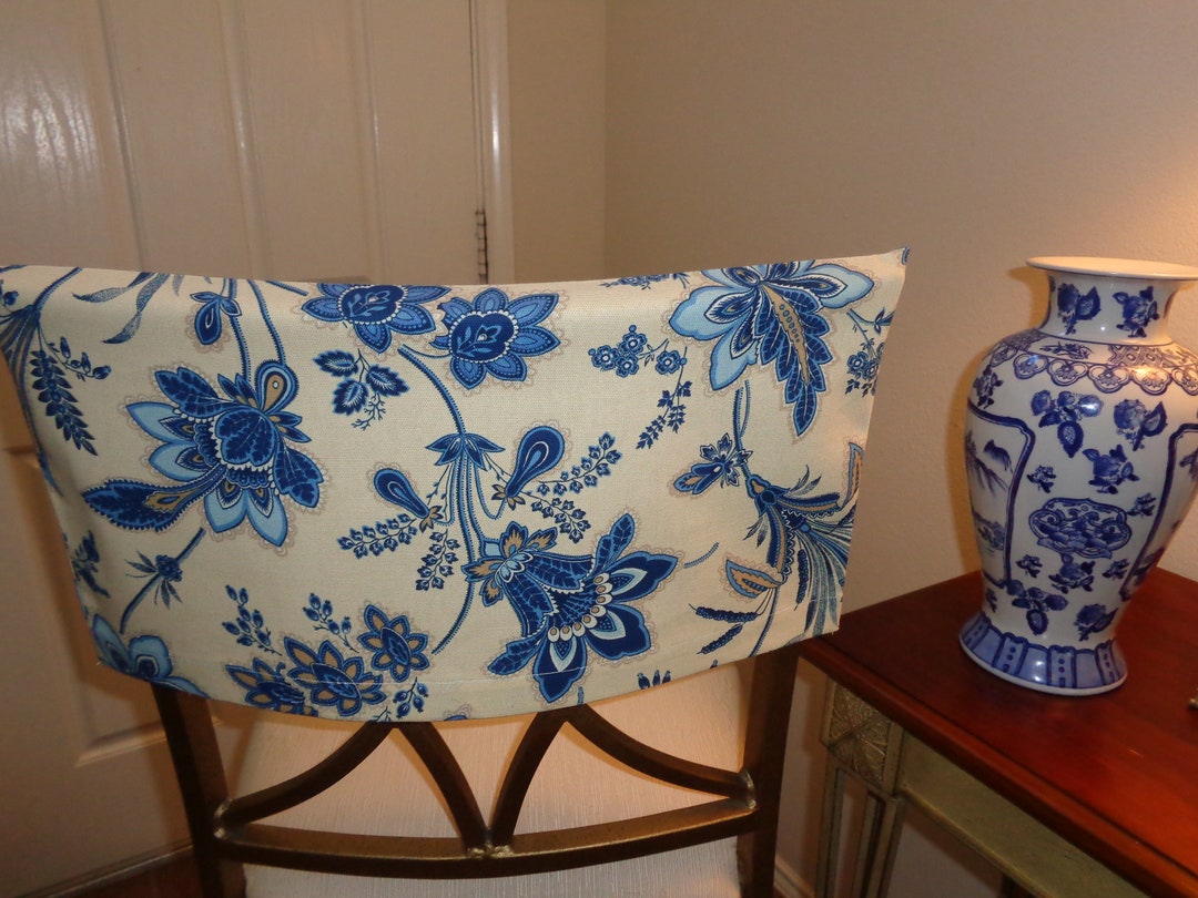 Half Chair Back Cover Navy and Cream Flowered Cotton Fabric Etsy