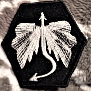 Könnte beinhalten: Schwarz-weiß gestickter Aufnäher mit einem weißen Drachen mit Flügeln und Schwanz in sechseckiger Form.