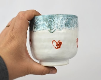 Medium Bowl, Blue and White Middle Size Piala With Heart, Handmade Cup 9 cm x 9 cm