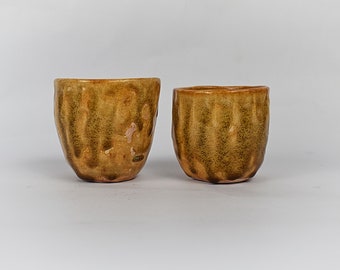 Two Sake Cups, Small Teacup, Amber Color Handbuilt cup