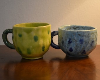 Green And Blue Teacups With Dots, 130 ml, 8 cm x 5-6 cm, Ceramic Mugs, Twin Cups
