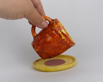 Yellow and Orange Tiny Espresso Cup, Handmade Coffe Cup With Saucer, Italian Coffee Set 8 cm x 9 cm