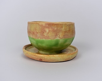 Ceramic Cup With Saucer, Small Handless Glass, Green and Sand Color Cup With Plate, Double Colored Piala 7,5 cm x 5 cm