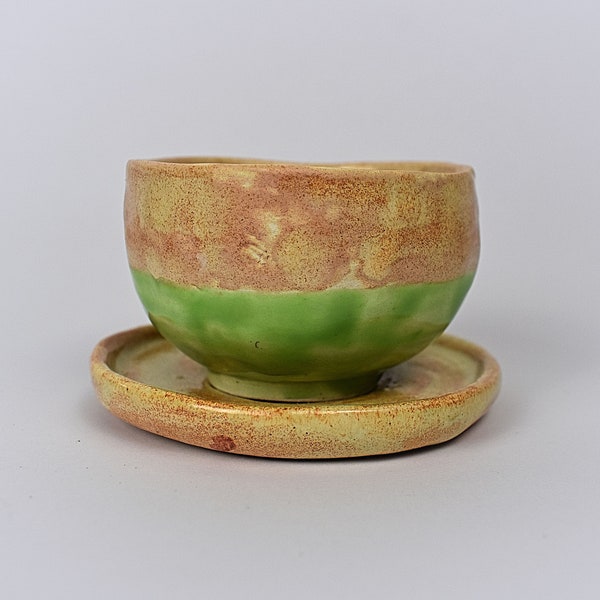 Ceramic Cup With Saucer, Small Handless Glass, Green and Sand Color Cup With Plate, Double Colored Piala 7,5 cm x 5 cm