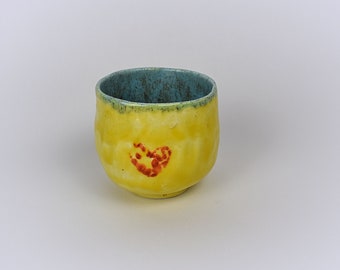 Yellow Lithg Blue Ceramic Piala, Teacup With Heart, Handless Cup, Handbuilt Teacup 7 cm x 7 cm
