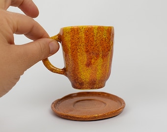 Orange Tiny Espresso Cup, Handmade Coffe Cup With Saucer, Italian Coffee Set 8 cm x 9 cm