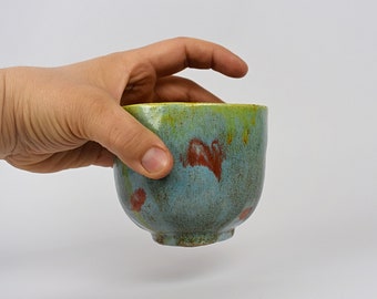 Big Piala, Blue And Orange Teacup, Handless Glass, Ceramic Tea Bowl  9,5 cm x 8,5 cm