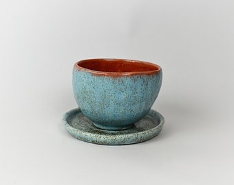 Sky Blue Ceramic Cup With Saucer, Small Handless Glass, Piala For Tea With Plate, Double Colored Piala 9,5 cm x 6,5 cm