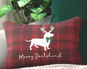 Plaid Holiday Dachshund Pillow Gift for Pet Lovers, Doxie Moms Housewarming Christmas Decor