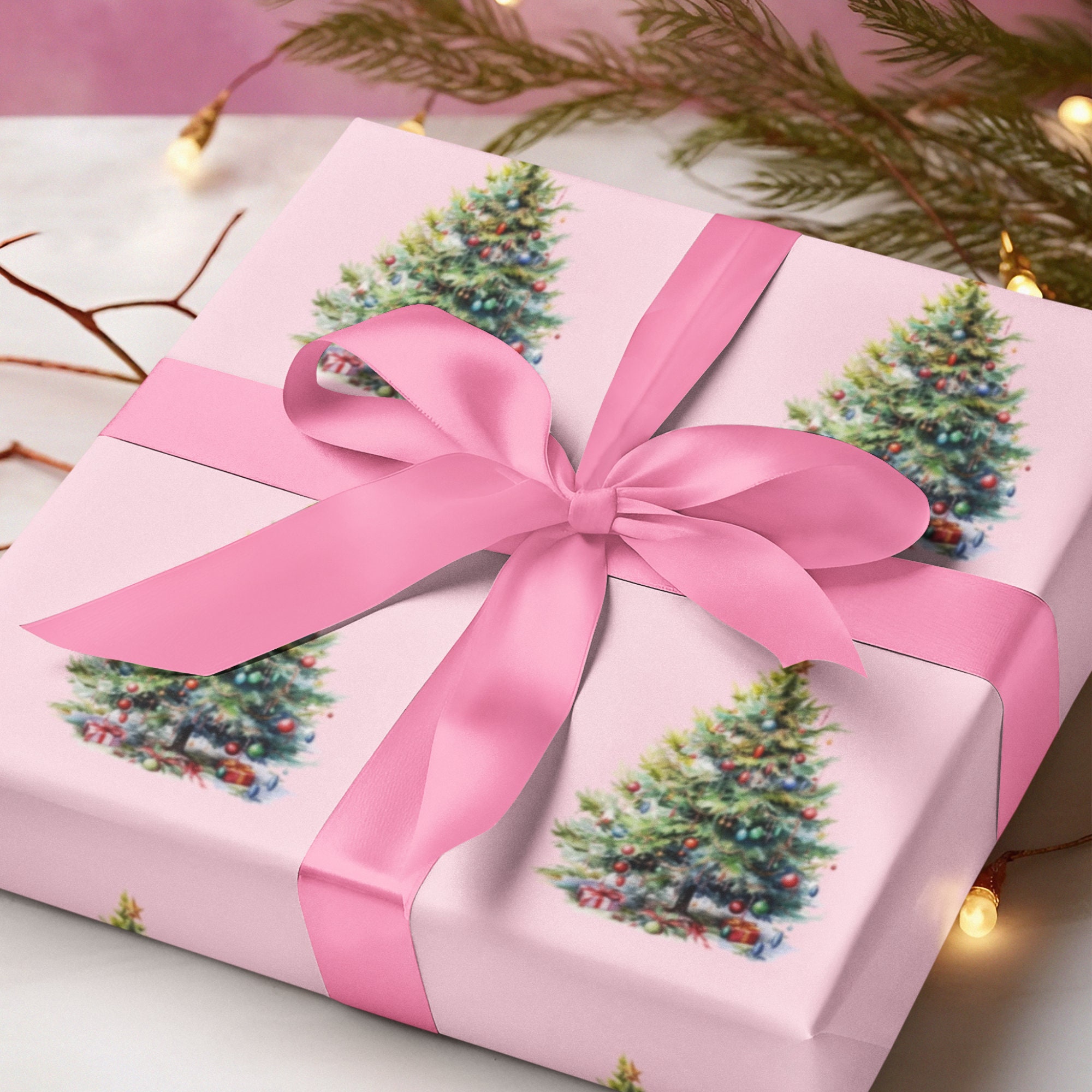 Aesthetic Pink Tree Gift Wrap, Christmas Wrapping Paper, Holiday