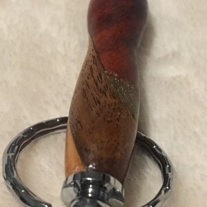 Cherry, padauk and bocote wood chrome keychain with shaved brass inlay. Free shipping.