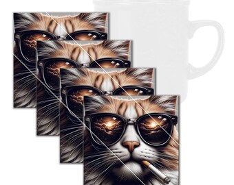 Lustig, Rebell Katze rauchende quadratische Untersetzer aus gehärtetem Glas mit Gummifüßen, 4 in x 4 in, 4er Set