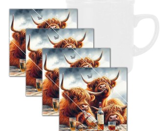 Lustige Highland Kühe, die Alkohol trinken, gehärtetes Glas-Untersetzer-Set mit Gummifüßen, 4 in x 4 in, 4er-Set