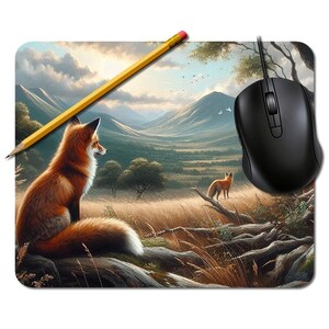 Peut inclure: Tapis de souris rectangulaire avec un paysage pittoresque de deux renards. Le design comprend un crayon jaune et une souris d'ordinateur noire. L'arrière-plan représente des montagnes, des arbres et un champ d'herbes hautes.